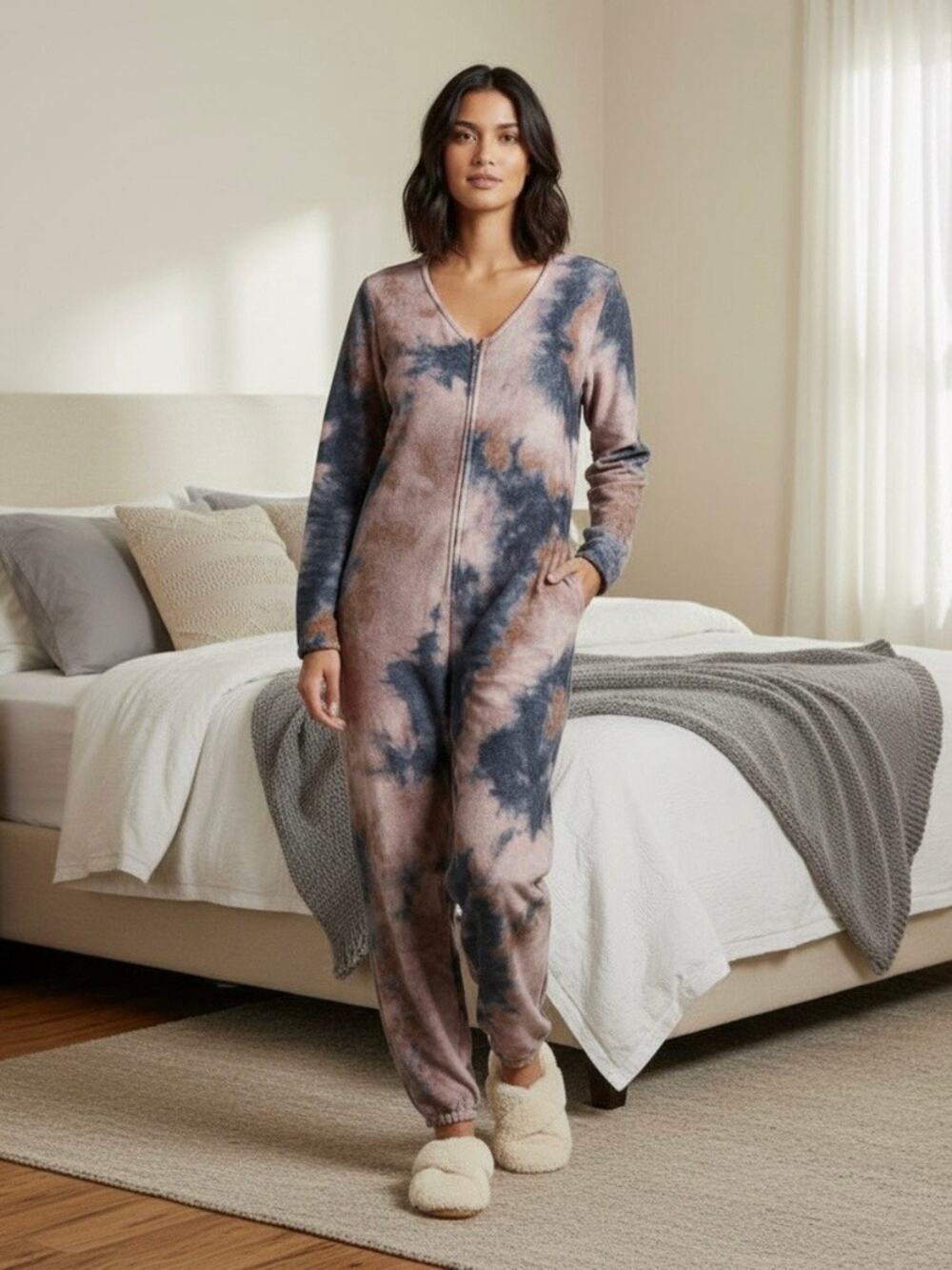 Natural Life Brown&Blue Fleece One Piece Lounge Sleep Jumpsuit Sz.M